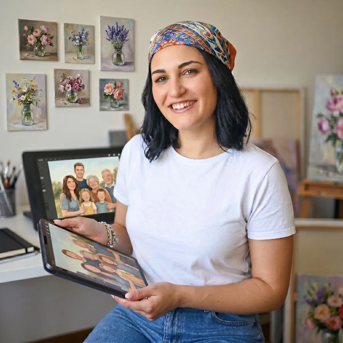 Sara Giovane, illustratrice di SG Custom Art, nel suo studio con un ritratto digitale