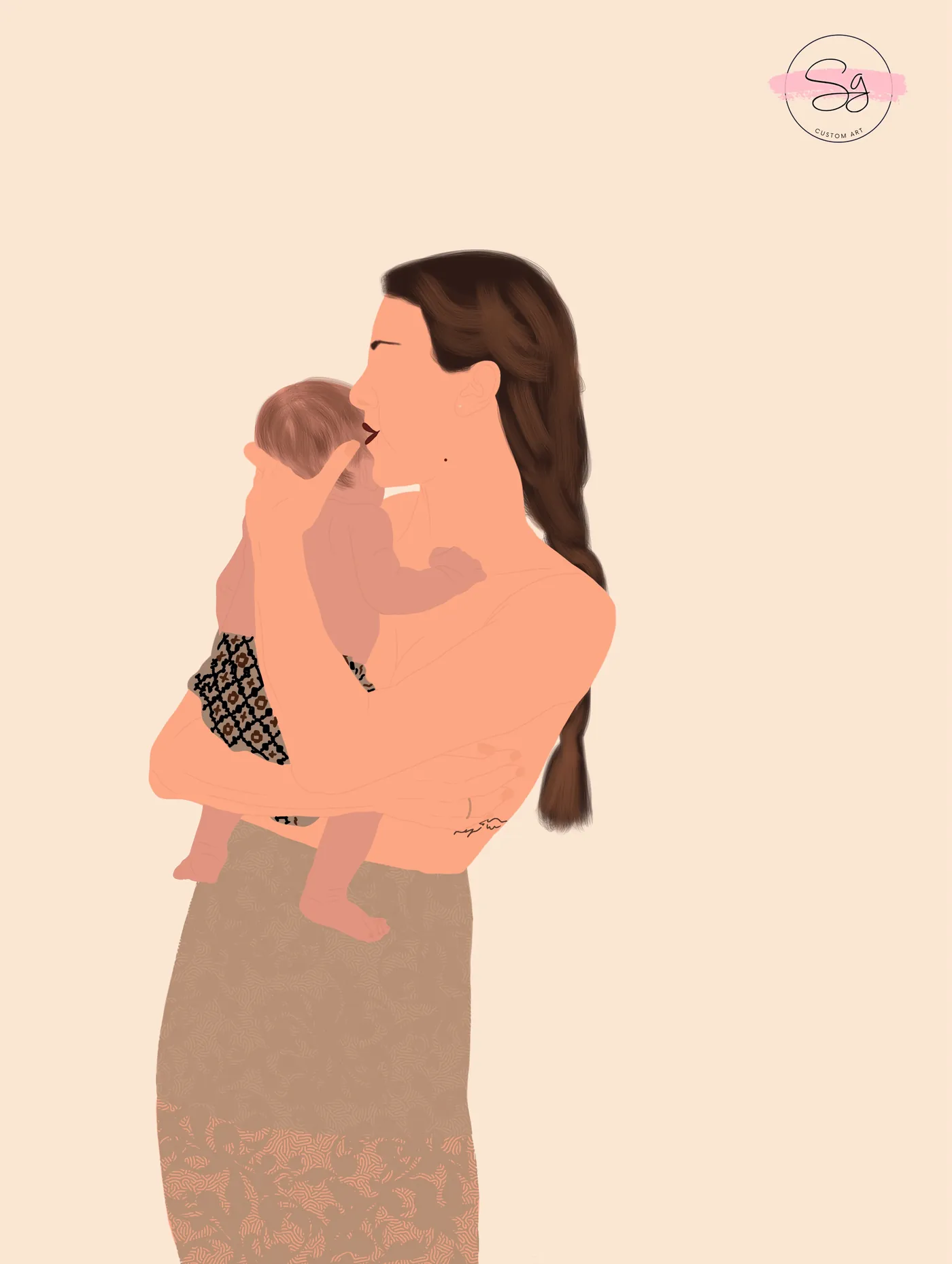 Ritratto illustrato di mamma con il suo bambino, regalo personalizzato stile No Eye