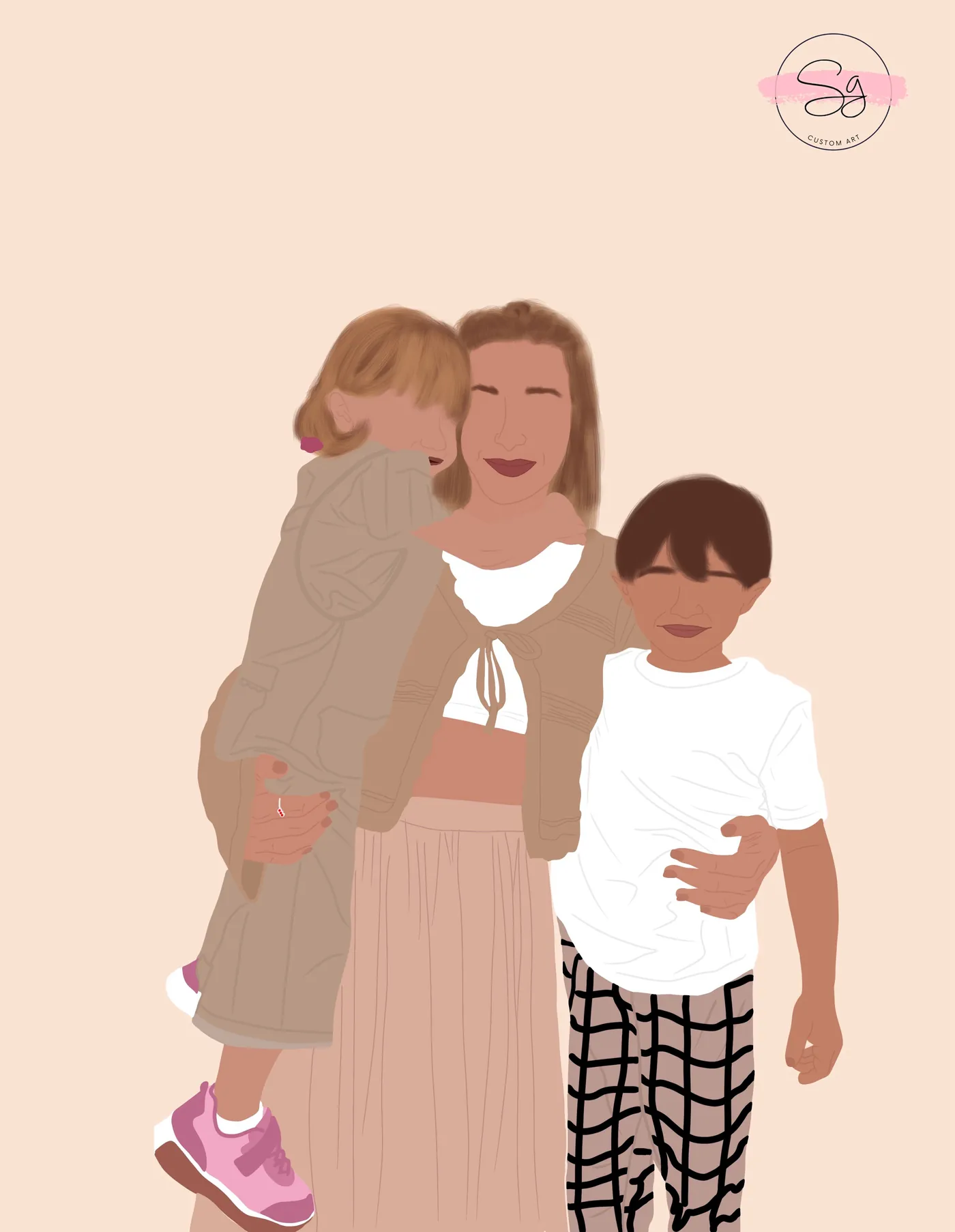 Ritratto illustrato di una mamma con due bambini, stile No Eye